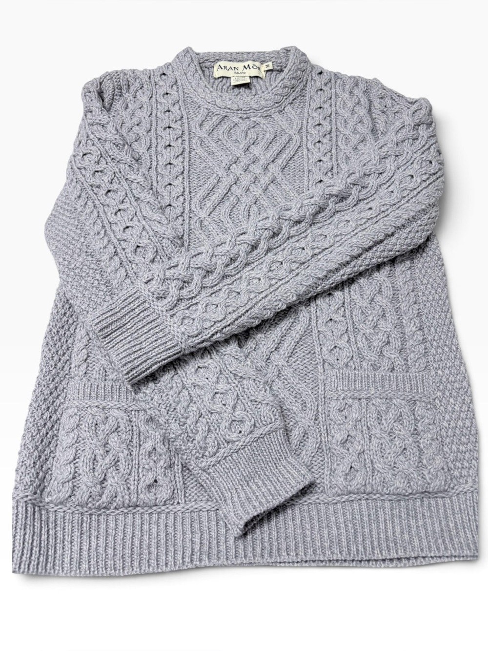 Aran Mor Gray Cable-Knit Irish Crewneck Fisherman 100% Merino Wool Sweater Sz M - Picture 4 of 10